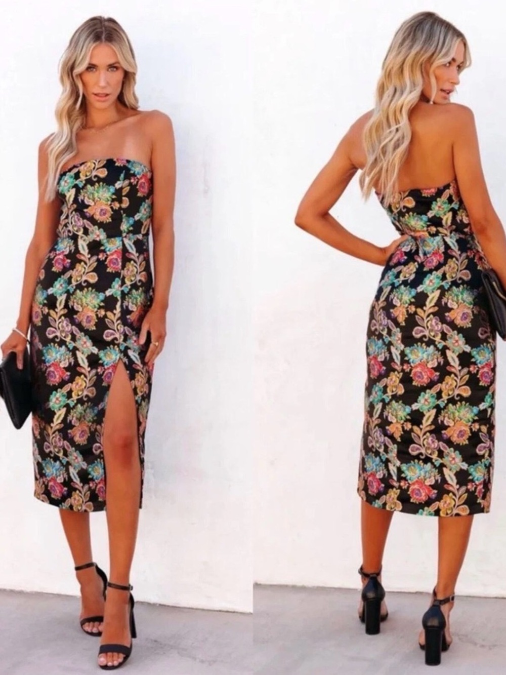 Olia Gianni Strapless Embroidered Floral Midi Dress with Front Slit Size M - Picture 3 of 10